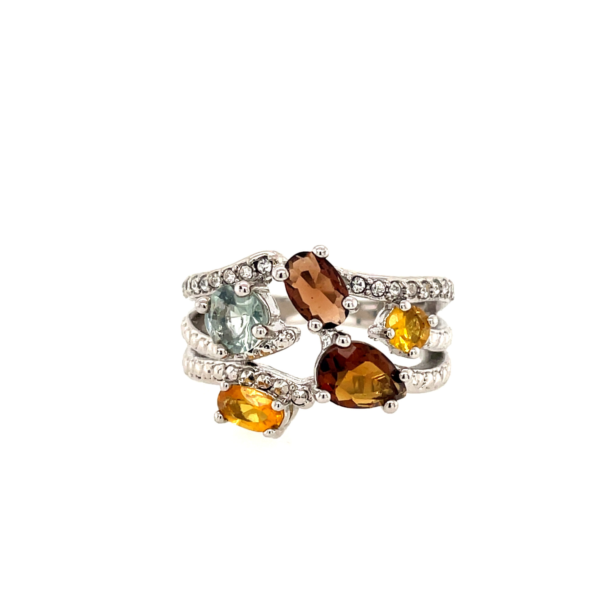 80042 STERLING SILVER MULTI SHAPE AND COLOR GEMSTONE AND TRIPLE ROW CUBIC ZIRCONIA BAND