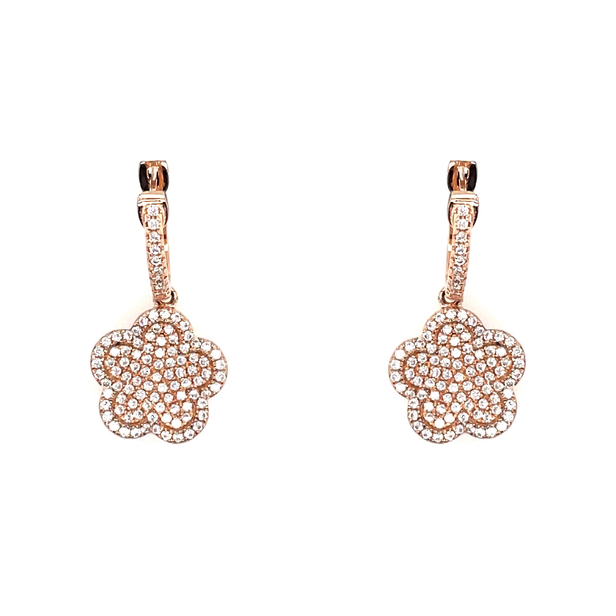 FREDERIC DUCLOS ROSE GOLD PLATED PAVE SET CUBIC ZIRCONIA FLOWER HANGING HUGGIES