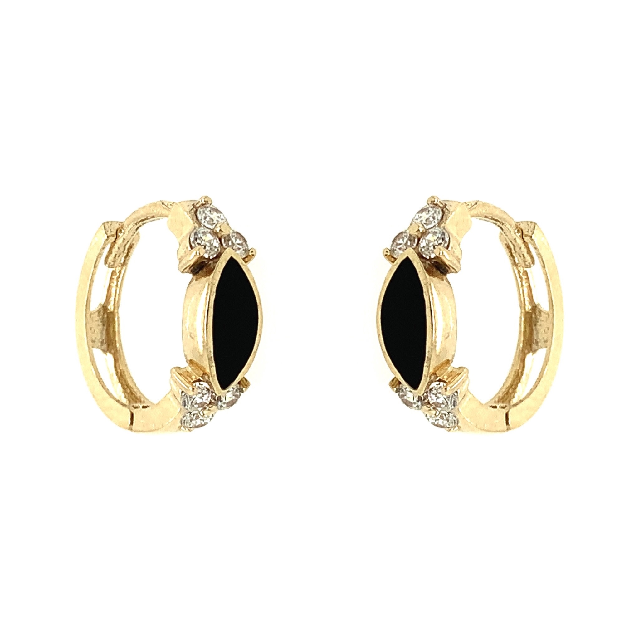 30553 14K YELLOW GOLD MARQUIS BLACK ONYX AND CUBIC ZIRCONIA CLUSTER HUGGIES