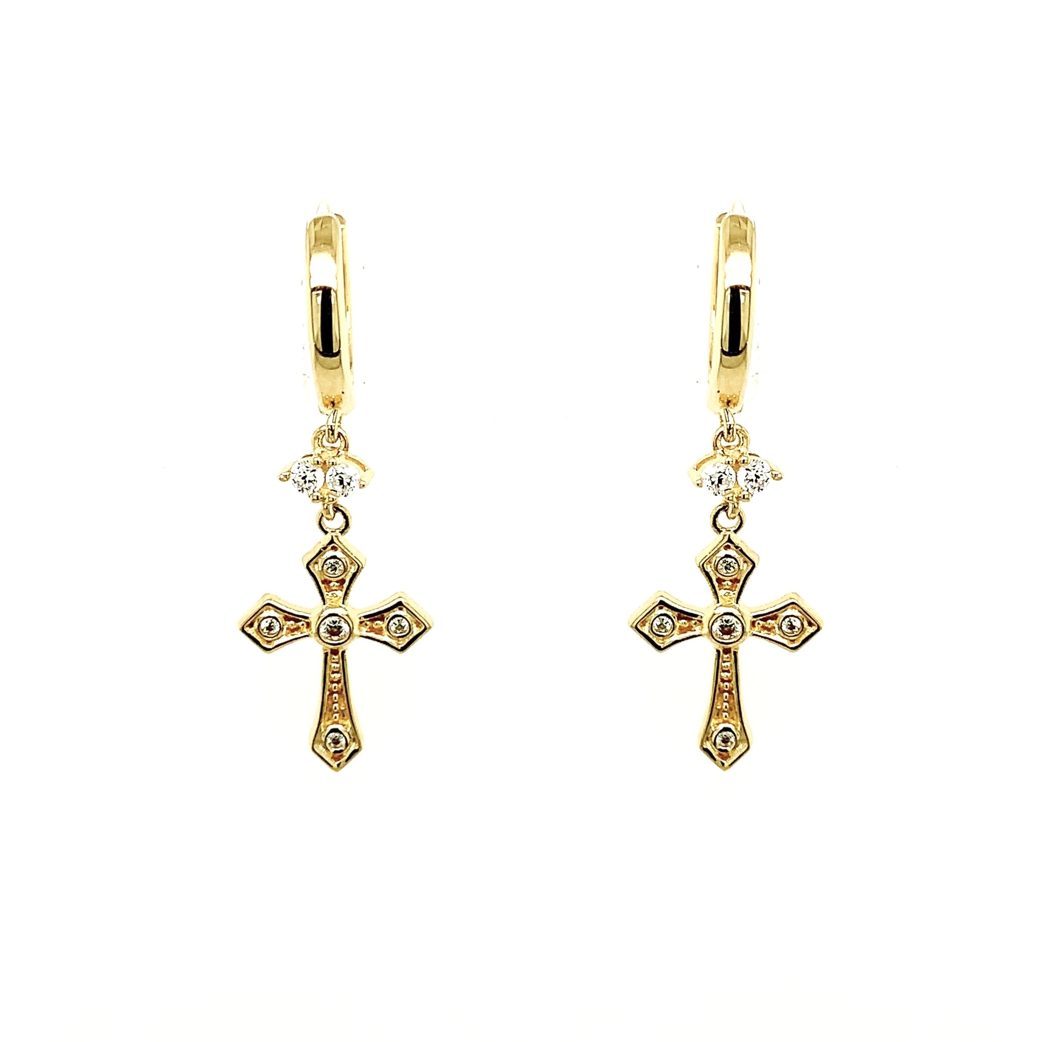 30563 14K YELLOW GOLD CUBIC ZIRCONIA DANGLING CROSS HUGGIES