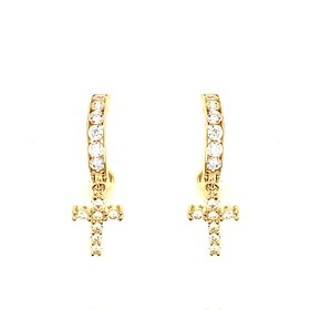 30562 14K YELLOW GOLD CHANNEL SET CUBIC ZIRCONIA DANGLING CROSS HUGGIES