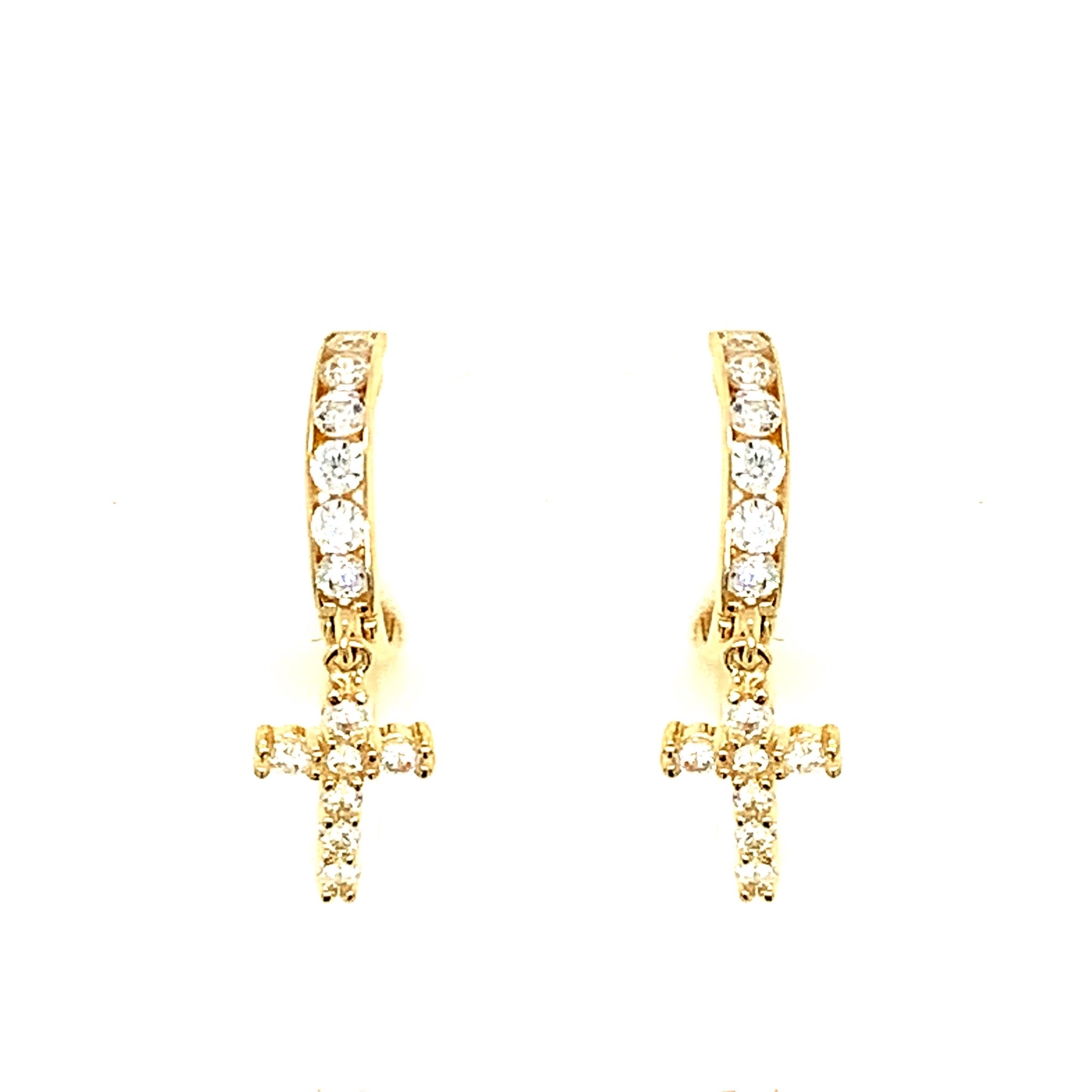 30562 14K YELLOW GOLD CHANNEL SET CUBIC ZIRCONIA DANGLING CROSS HUGGIES