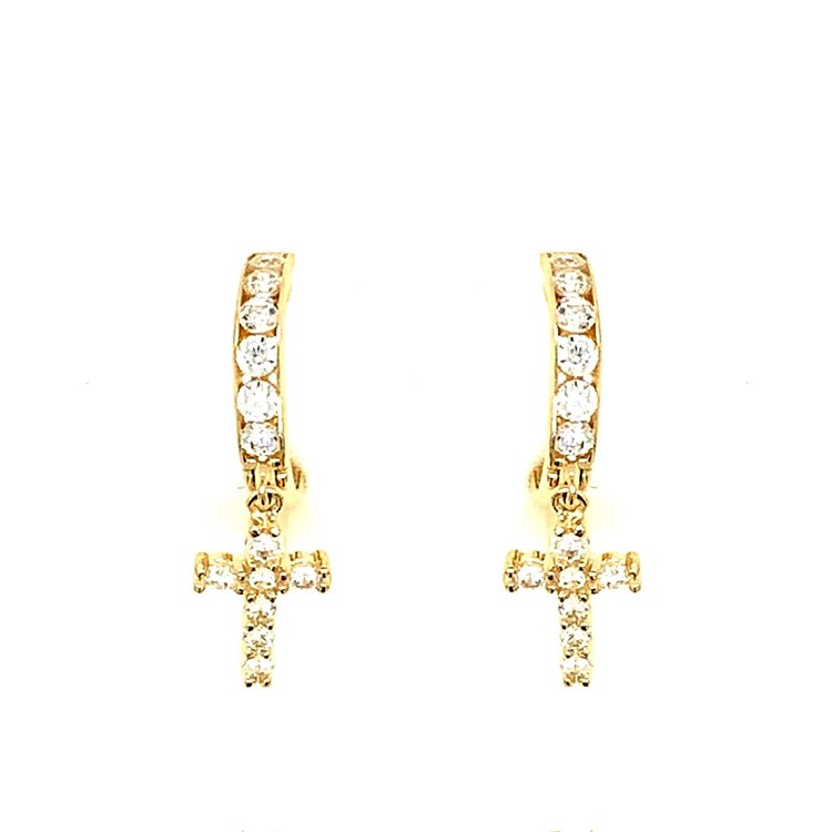 30562 14K YELLOW GOLD CHANNEL SET CUBIC ZIRCONIA DANGLING CROSS HUGGIES