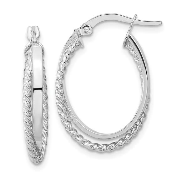 30588 14K WHITE GOLD .50" DOUBLE PLAIN AND TWISTED OVAL HOOPS