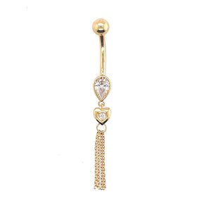 30596 14K YELLOW GOLD PEAR CUBIC ZIRCONIA WITH HEART AND CABLE LINK DANGLING CHAINS BELLY RING