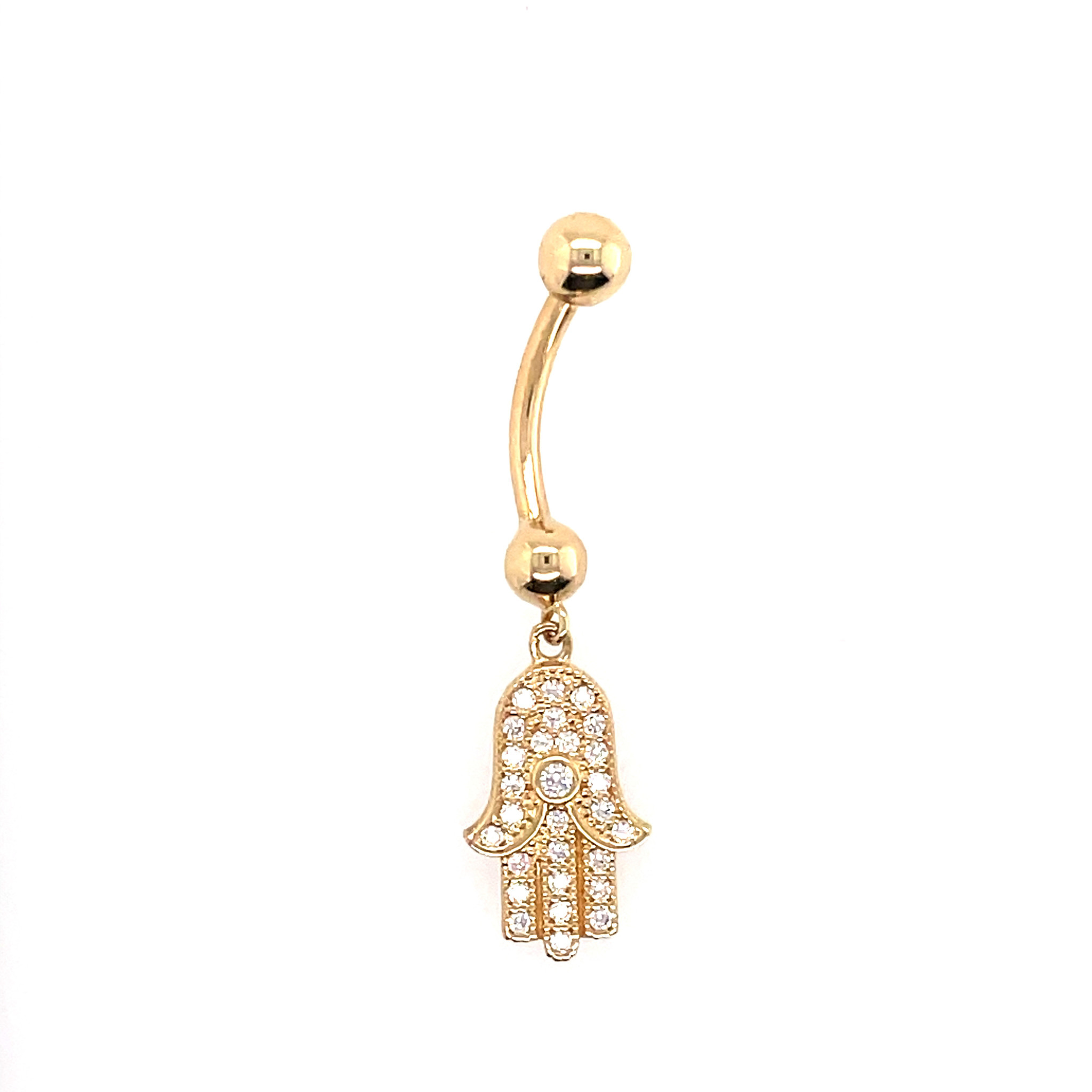 30598 14K YELLOW GOLD HANGING HAMSA HAND CUBIC ZIRCONIA BELLY RING