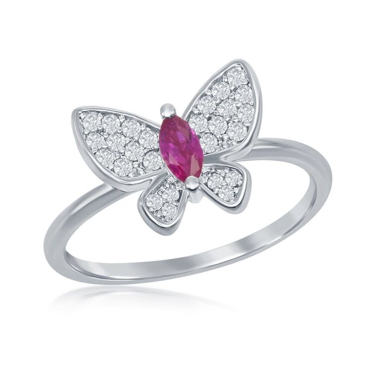 W-2586 Sterling Silver White & Ruby Cubic Zirconia Butterfly Ring
