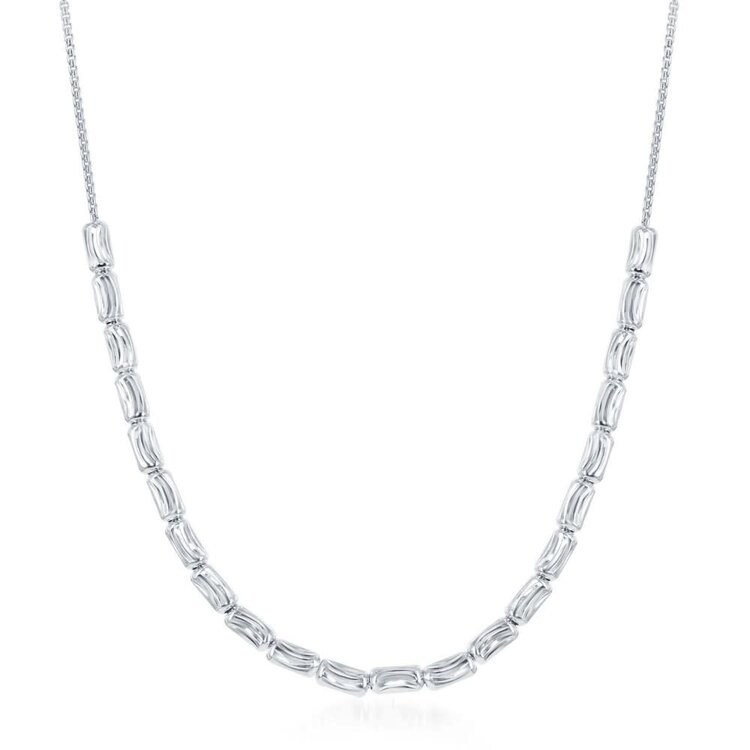 L-3964 Sterling Silver Diamond Moon Cut Bead Necklace