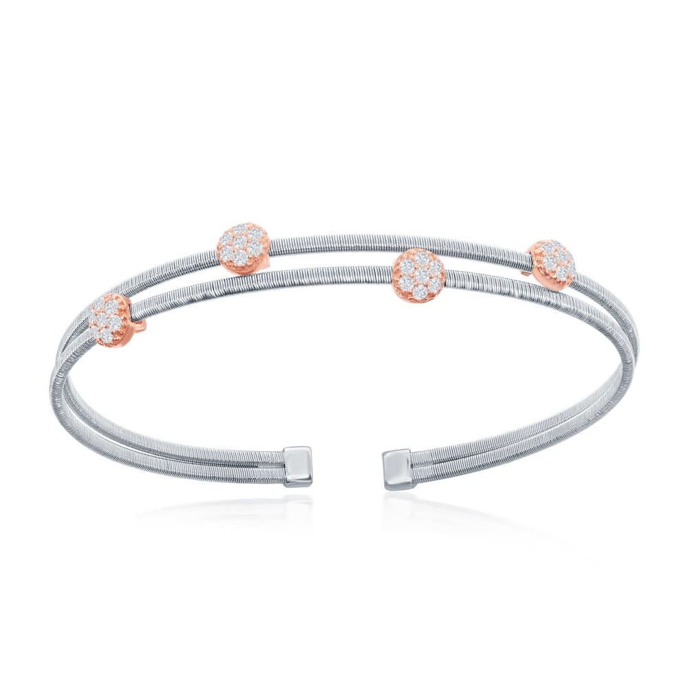 U-6608 Sterling Silver Wire Designer Bangle, Set with CZ, Bonded with 14K Rose Gold, MADE IN ITALY