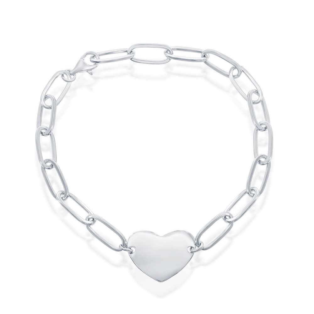 S-5127 STERLING SILVER HEART CHARM DISC WITH PAPER CLIP LINK BRACELET