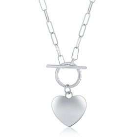 L-4344 STERLING SILVER HEART DISC PAPER CLIP LINK TOGGLE NECKLACE