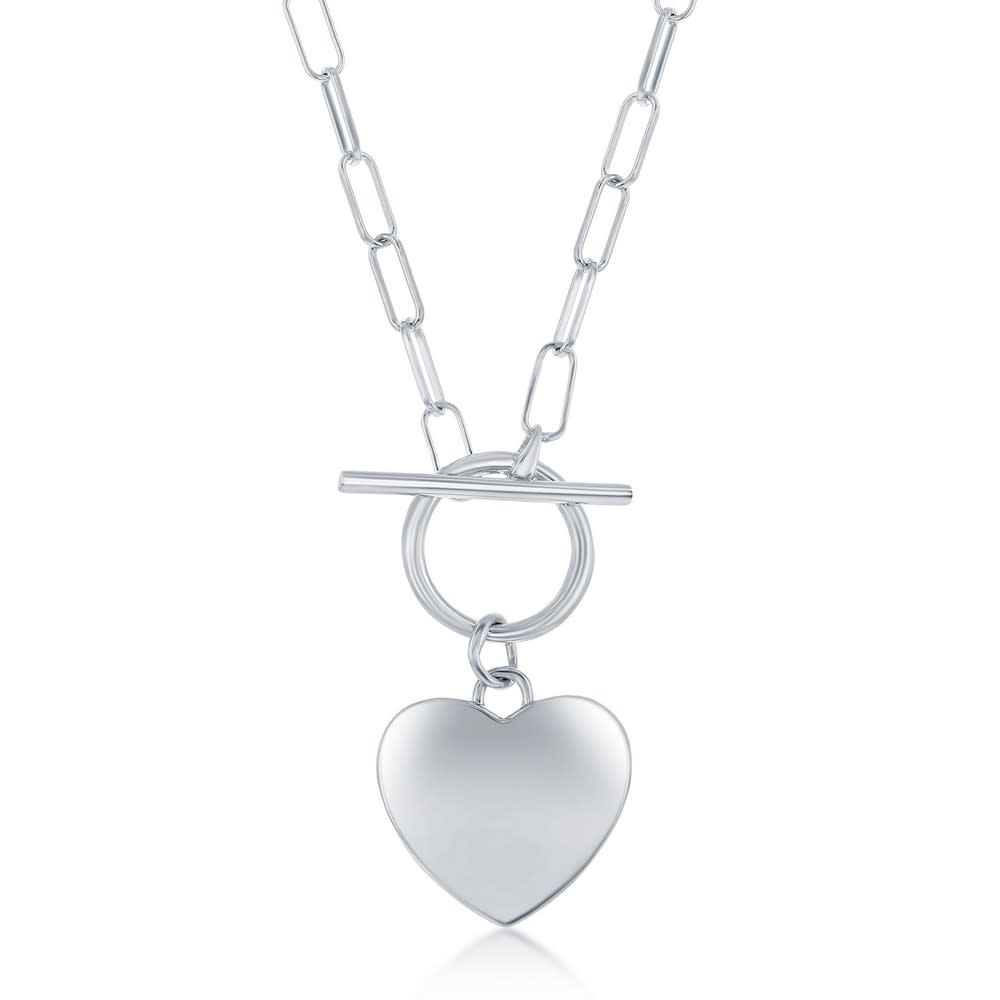 L-4344 STERLING SILVER HEART DISC PAPER CLIP LINK TOGGLE NECKLACE