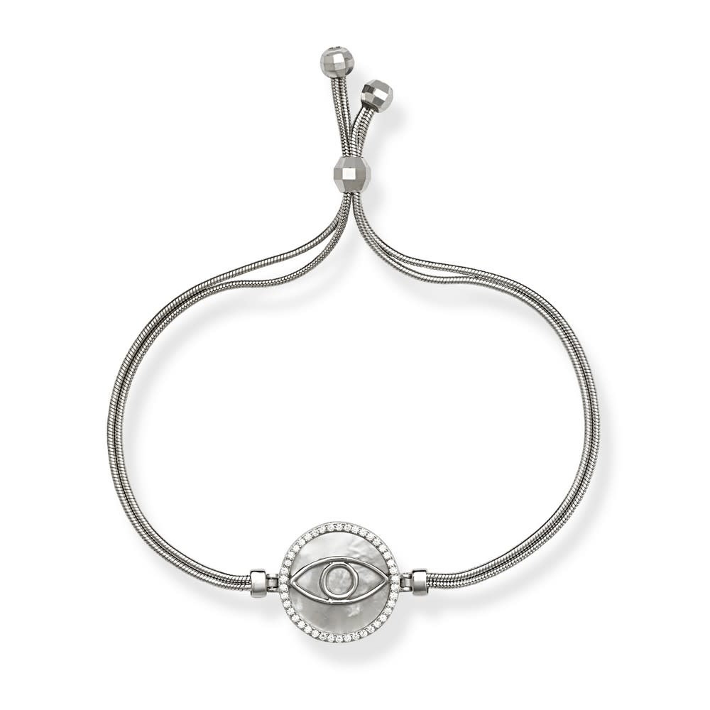 T-7303 STERLING SILVER MOTHER OF PEARL CUBIC ZIRCONIA HALO EVIL EYE DESIGN SNAKE LINK BOLO BRACELET T-7303 STERLING SILVER MOTHER OF PEARL CUBIC ZIRCONIA HALO EVIL EYE DESIGN SNAKE LINK BOLO BRACELET