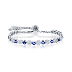 T-8063 STERLING SILVER ALTERNATING PAVE CUBIC ZIRCONIA AND ENAMEL EVIL EYE CHARMS BOLO BRACELET
