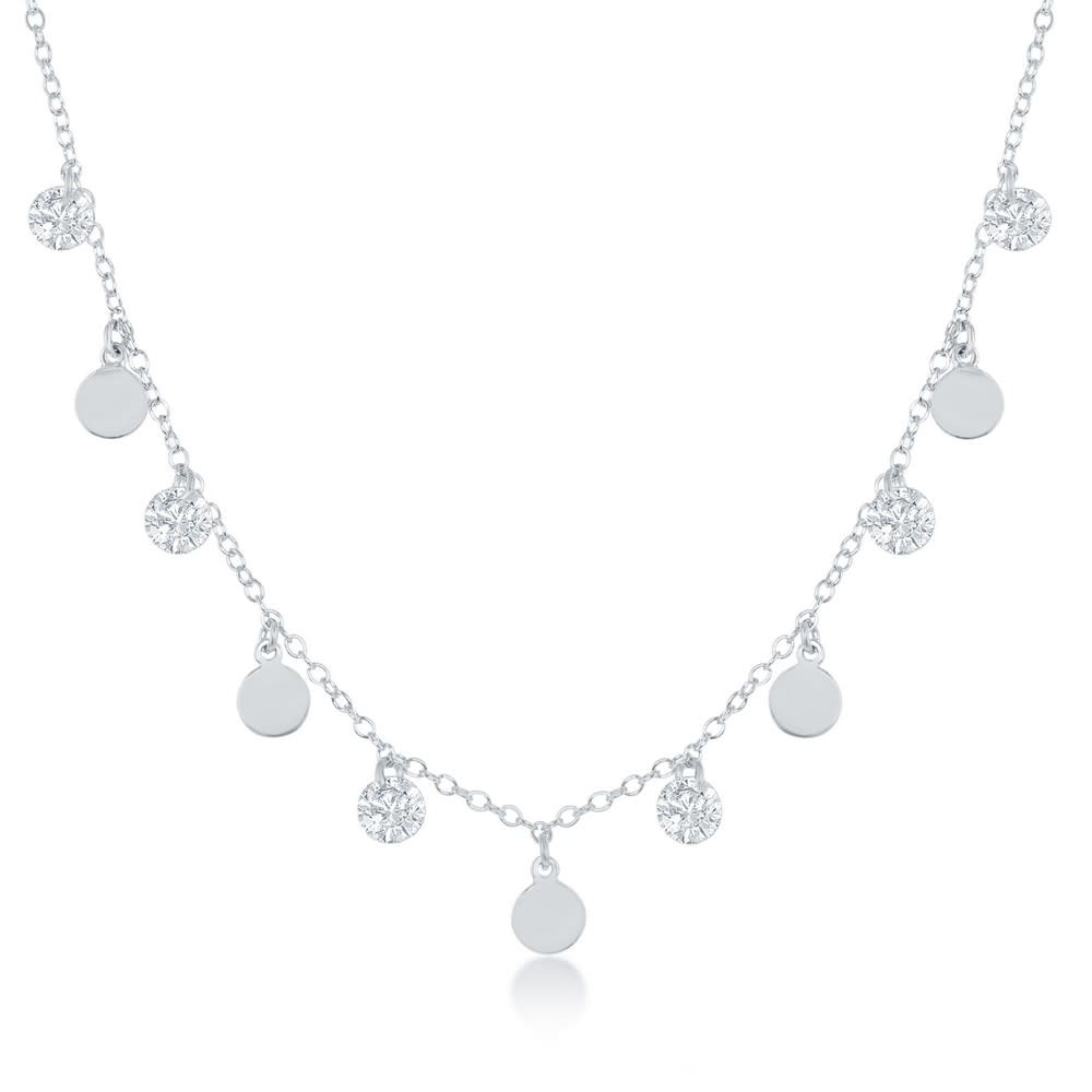 M-6084 STERLING SILVER DANGLING CUBIC ZIRCONIAS AND PLAIN DISC NECKLACE