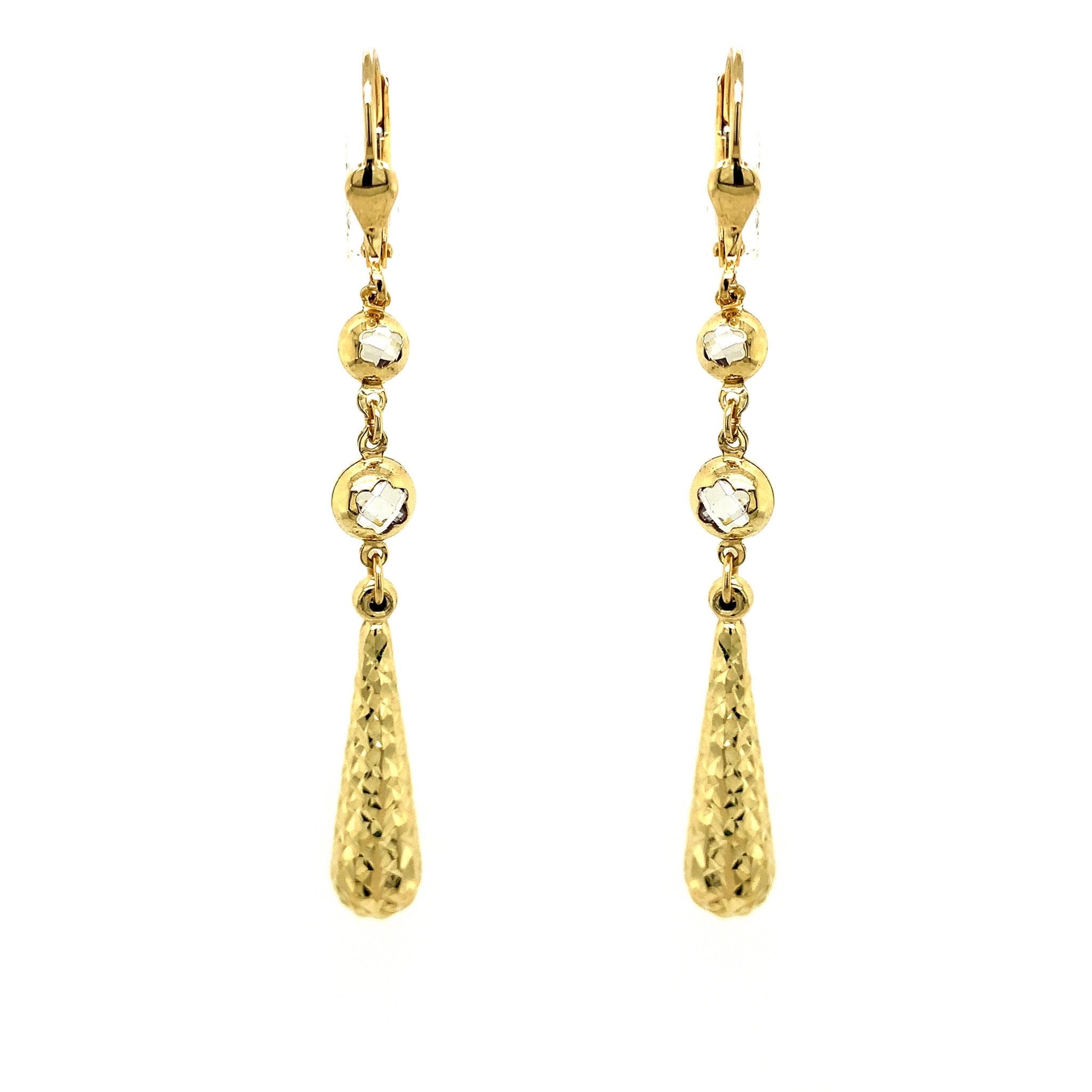 30610 14K YELLOW GOLD DIAMOND CUT HANGING TEAR DROPS WITH BEZEL SET CUBIC ZIRCONIA LEVER BACK EARRINGS