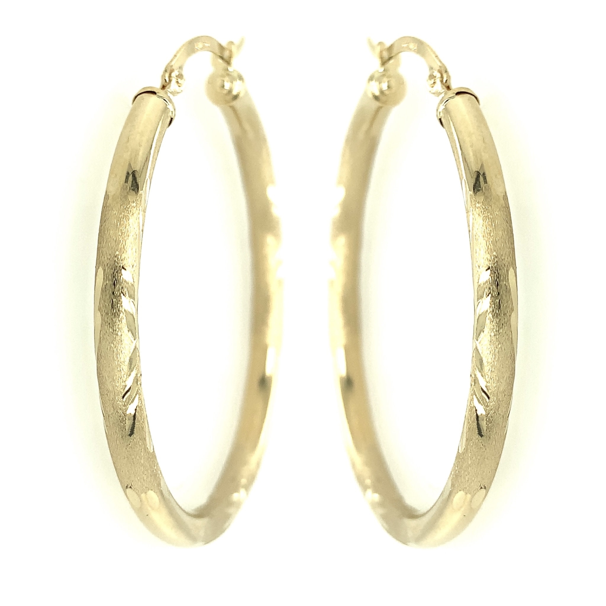 30607 14K YELLOW GOLD 3MM 1.3” DIAMOND CUT SATIN AND HIGH POLISH FINISH HOOPS
