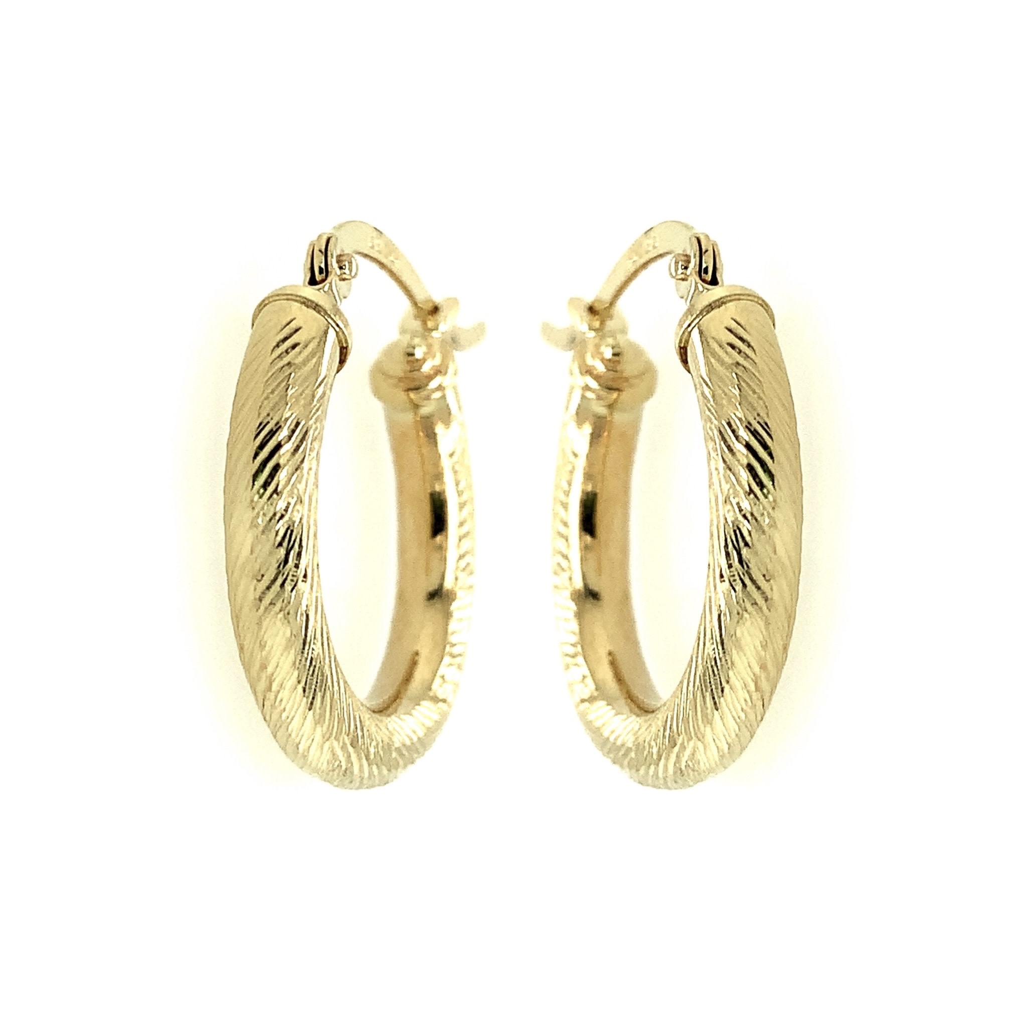30603 14K YELLOW GOLD 3MM .75” DIAMOND CUT HERRINGBONE DESIGN HOOPS