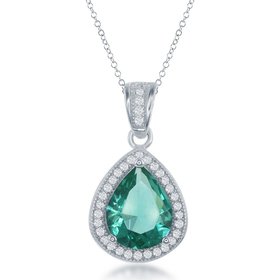 K-7572 STERLING SILVER TEARDROP PEAR SHAPE SYNTEHTIC EMERALD WITH CUBIC ZIRCONIA HALO PENDANT