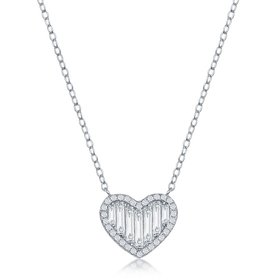 M-6645 STERLING SILVER BAGUETTE AND ROUND CUBIC ZIRCONIA HEART NECKLACE