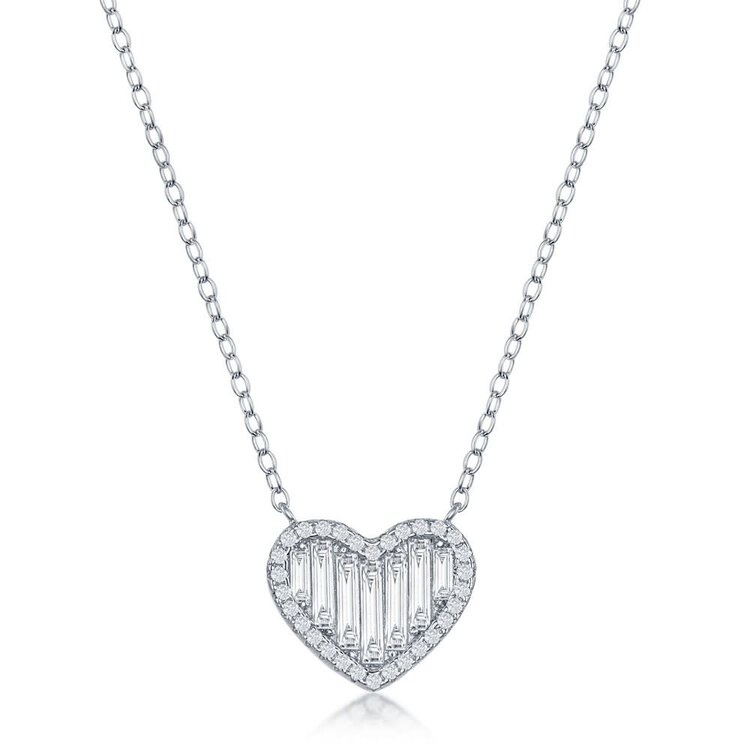 M-6645 STERLING SILVER BAGUETTE AND ROUND CUBIC ZIRCONIA HEART NECKLACE