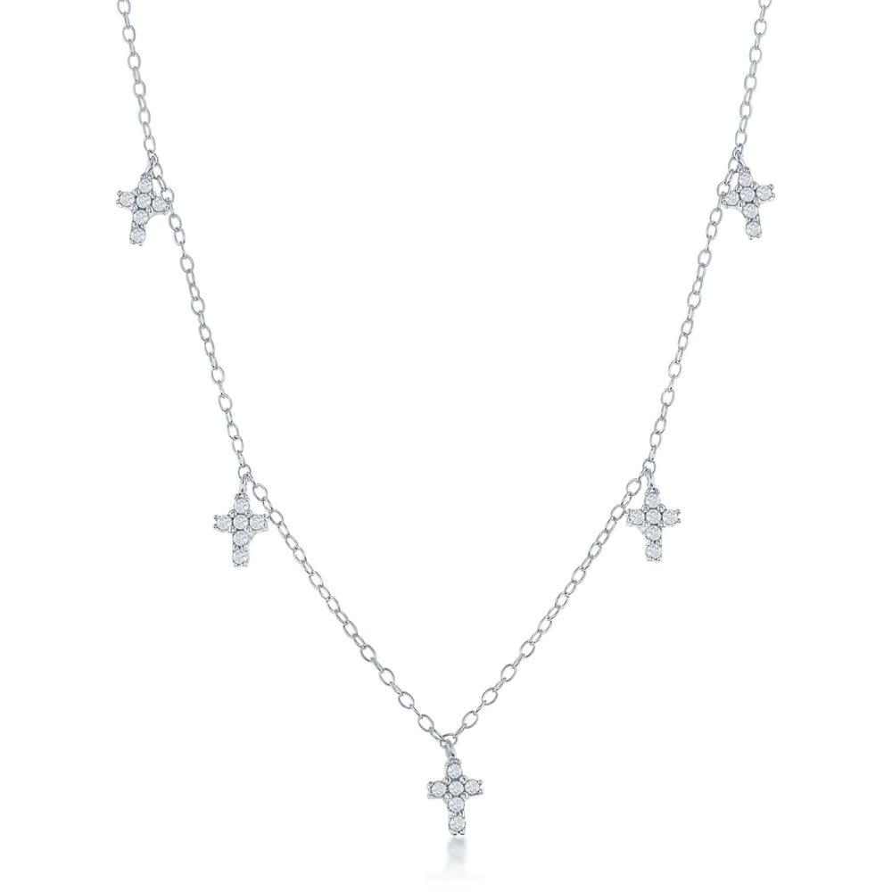 M-6658 STERLING SILVER DANGLING SMALL CUBIC ZIRCONIA CROSSES NECKLACE