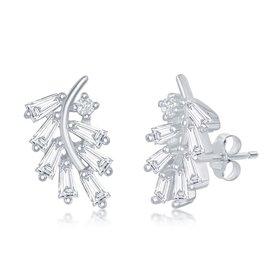 D-7202 STERLING SILVER BAGUETTE LEAVES CUBIC ZIRCONIA STUD EARRINGS