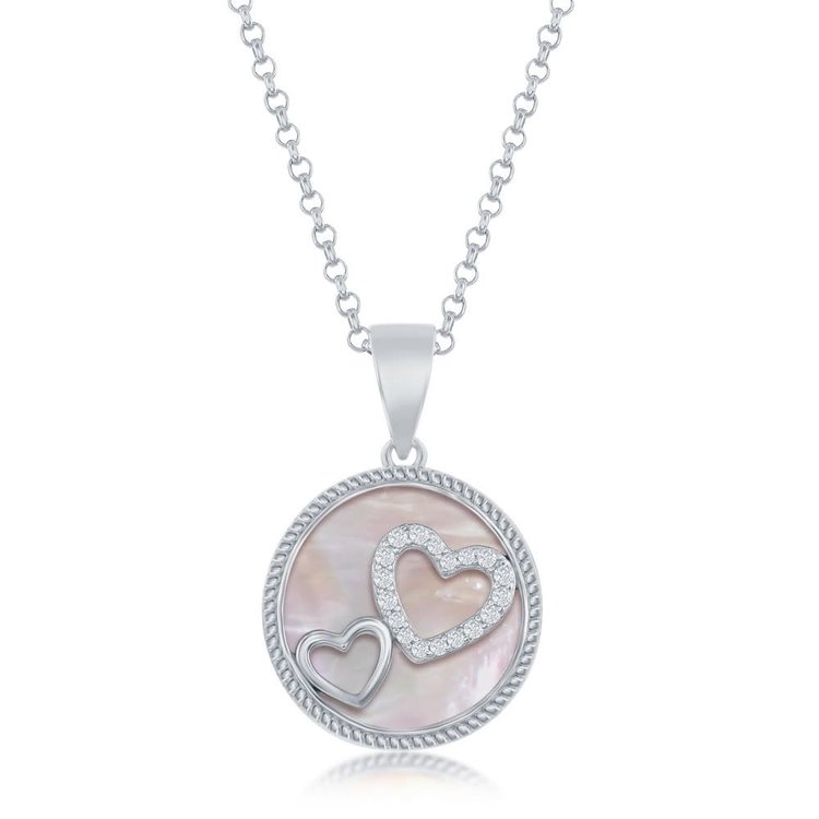 K-8721 Sterling Silver Double Heart CZ Round Pink Mother Of Pearl Pendant