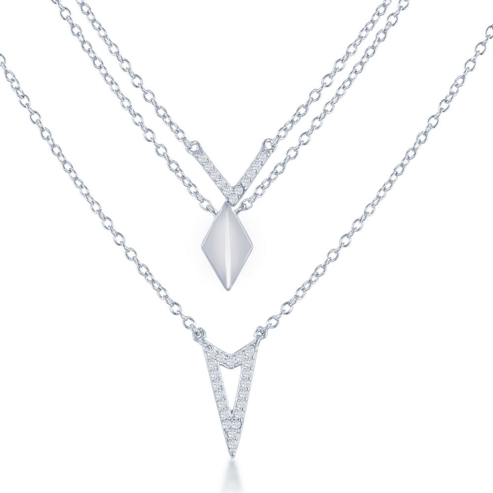 M-5413 Sterling Silver Graduating Triple Chain with CZ Necklace M-5413 Sterling Silver Graduating Triple Chain with CZ Necklace