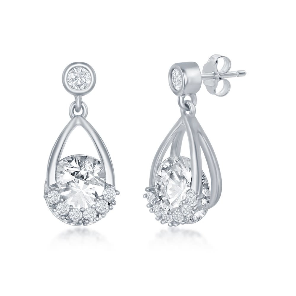 D-7627 STERLING SILVER PEAR SHAPED ROUND CUBIC ZIRCONIA HANGING STUDS