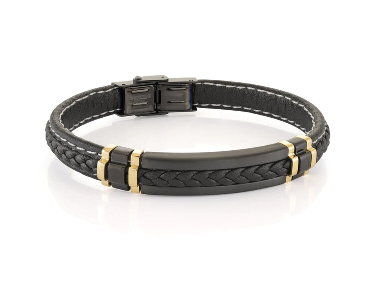 SLB476 ITALGEM STAINLESS STEEL BLACK GOLD IP WITH BLACK LEATHER MENS BRACELET