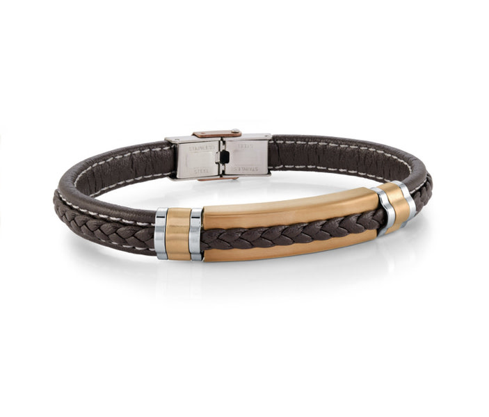 SLB554 ITALGEM COFFEE GOLD IP STAINLESS STEEL BRAIDED BROWN LEATHER MENS BRACELET SLB554 ITALGEM COFFEE GOLD IP STAINLESS STEEL BRAIDED BROWN LEATHER MENS BRACELET