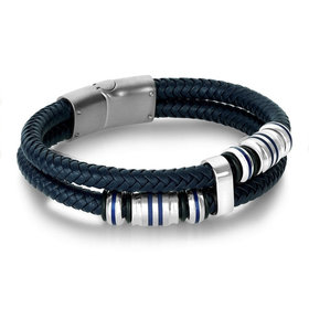 SLB360 ITALGEM STAINLESS STEEL DOUBLE ROW BLUE IP BEDEAS BLUE LEATHER MENS BRACELET