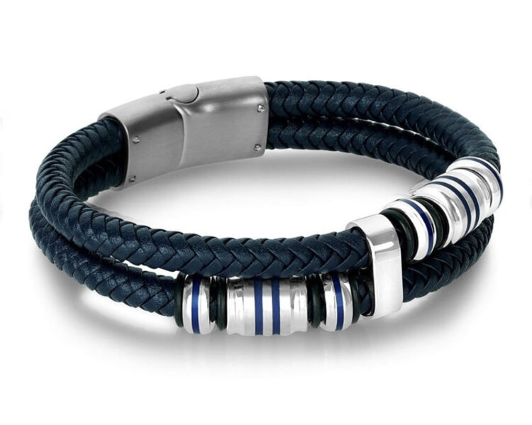 SLB360 ITALGEM STAINLESS STEEL DOUBLE ROW BLUE IP BEDEAS BLUE LEATHER MENS BRACELET