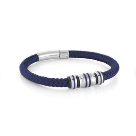 SLB527 ITALGEM STAINLESS STEEL BLUE IP BEADS AND LEATHER MENS BRACELET
