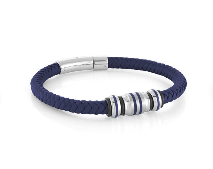 SLB527 ITALGEM STAINLESS STEEL BLUE IP BEADS AND LEATHER MENS BRACELET