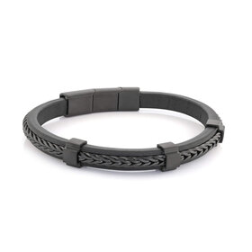 SLB497 ITALGEM BLACK IP STAINLESS STEEL FRANCO LINK CENTER BLACK LEATHER MENS BRACELET