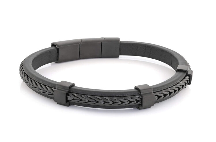 SLB497 ITALGEM BLACK IP STAINLESS STEEL FRANCO LINK CENTER BLACK LEATHER MENS BRACELET