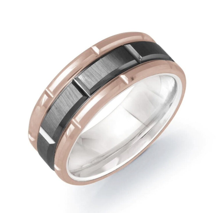 TC32 BLACK CERAMIC TUNGSTEN CARBIDE ROSE EDGES  RECTANGULAR CUT 8MM BAND SIZE 10