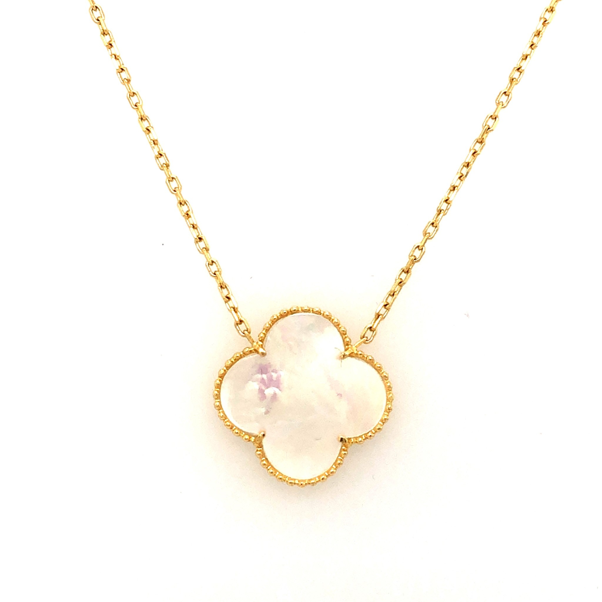 60046 14K YELLOW GOLD TRIPLE MOTHER OF PEARL CLOVER CHARMS CABLE LINK NECKLACE