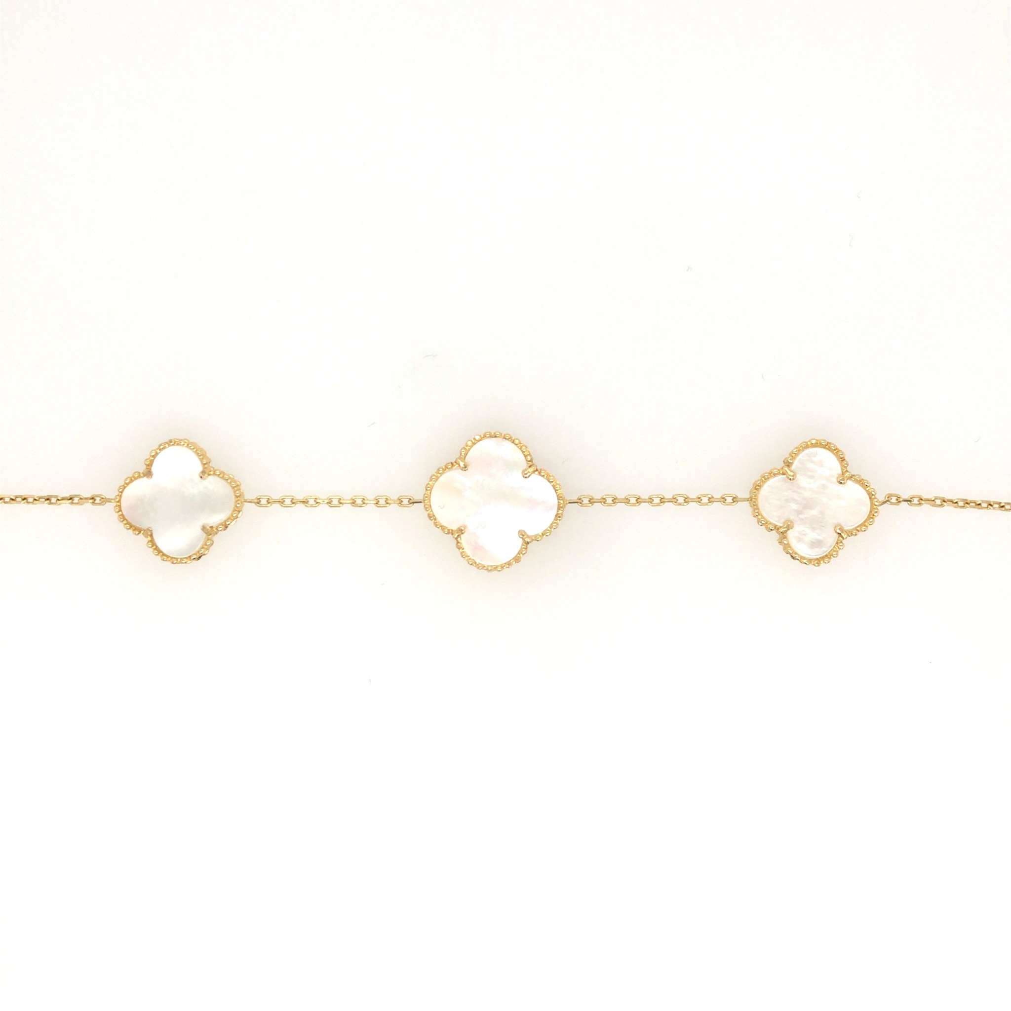 20109 14K YELLOW GOLD TRIPLE MOTHER OF PEARL CLOVER CHARMS CABLE LINK BRACELET