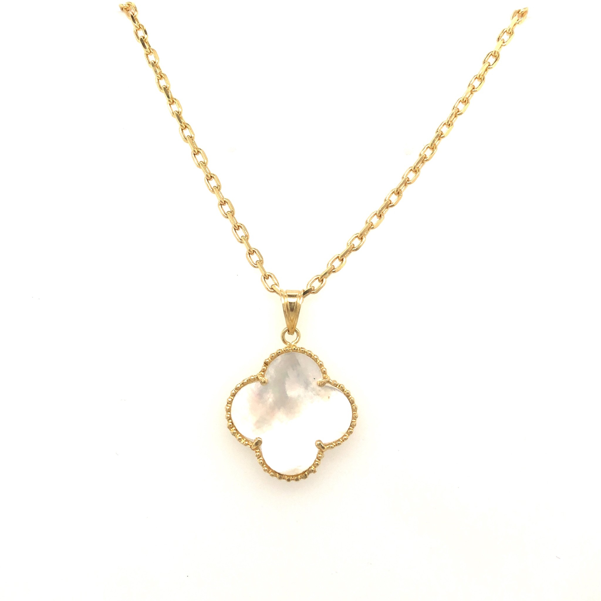 70168 14K YELLOW GOLD MOTHER OF PEARL CLOVER WITH CABLE LINK CHAIN PENDANT SET 70168 14K YELLOW GOLD MOTHER OF PEARL CLOVER WITH CABLE LINK CHAIN PENDANT SET