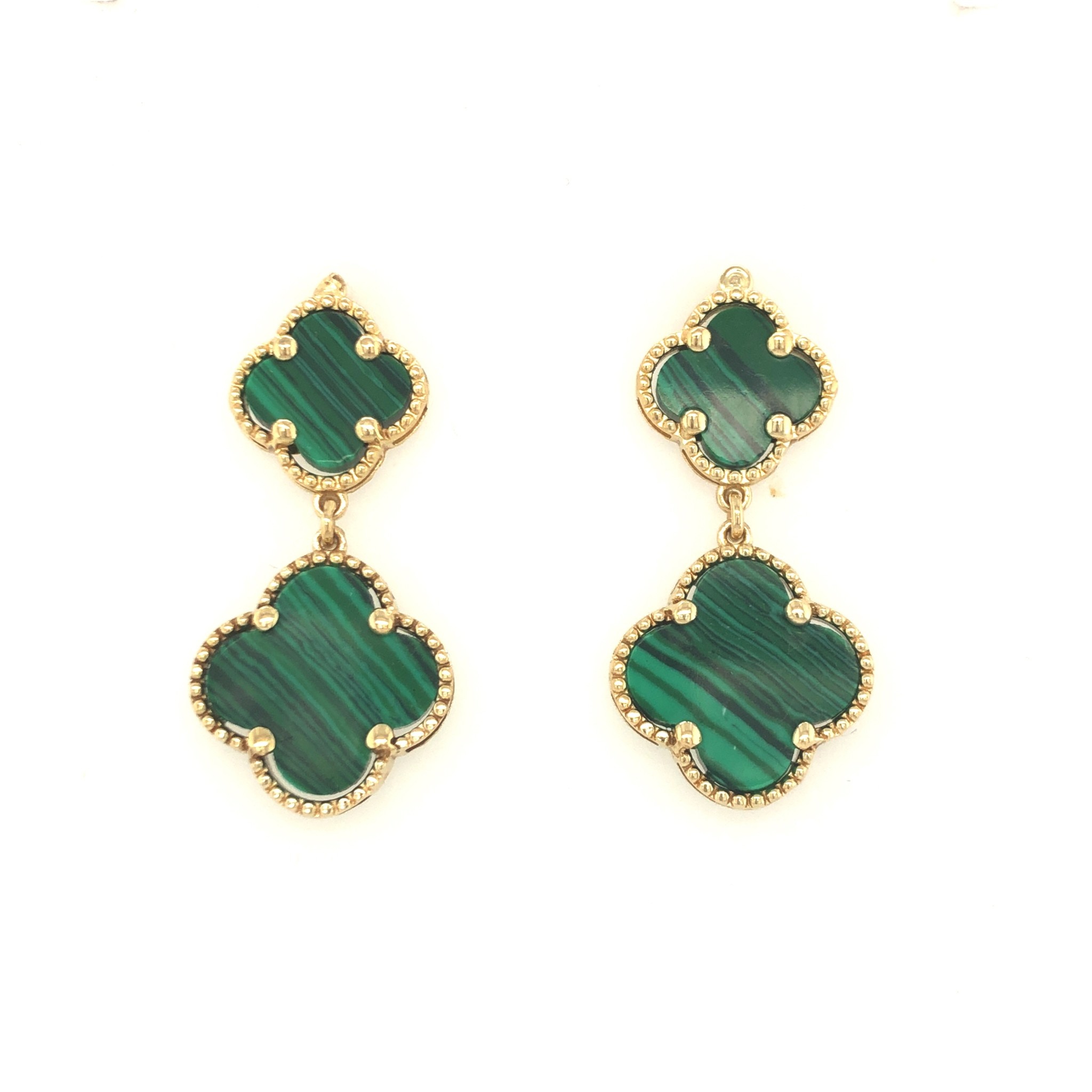 30617 14K YELLOW GOLD GREEN MALACHITE DOUBLE CLOVER HANGING EARRINGS