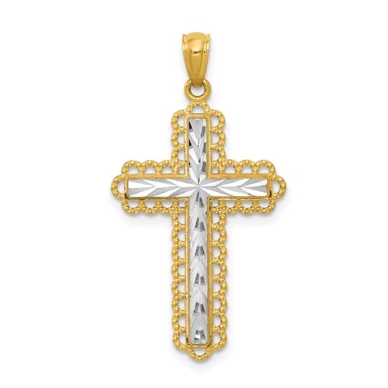 77181 14K 2 TONE DIAMOND CUT CENTER WITH FILIGREE BORDER CROSS