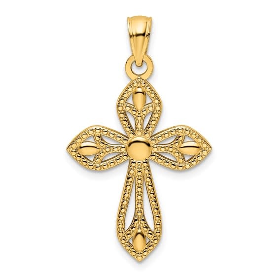 77199 14K YELLOW GOLD BEADED FANCY CROSS