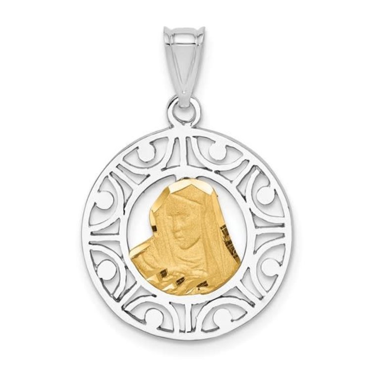 77200 14K 2 TONE GOLD BRUSHED AND POLISHED VIRGIN MARY HEAD FANCY BORDER MEDAL
