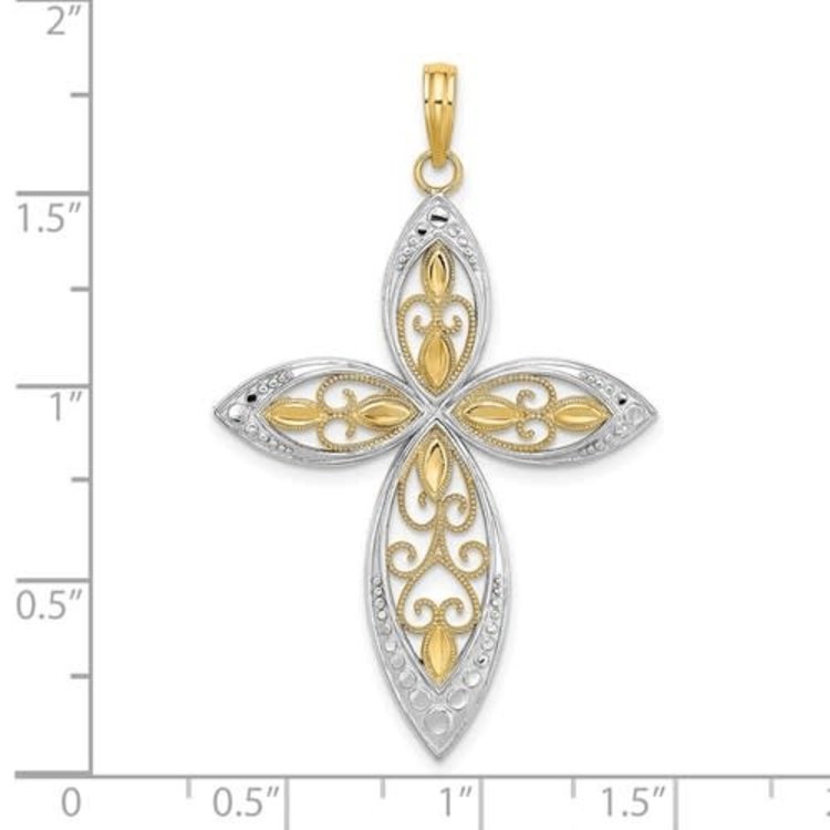 77201 14K TWO TONE BEADED FILIGREE DIAMOND CUT CROSS