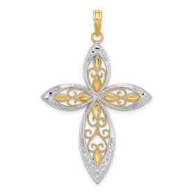 77201 14K TWO TONE BEADED FILIGREE DIAMOND CUT CROSS