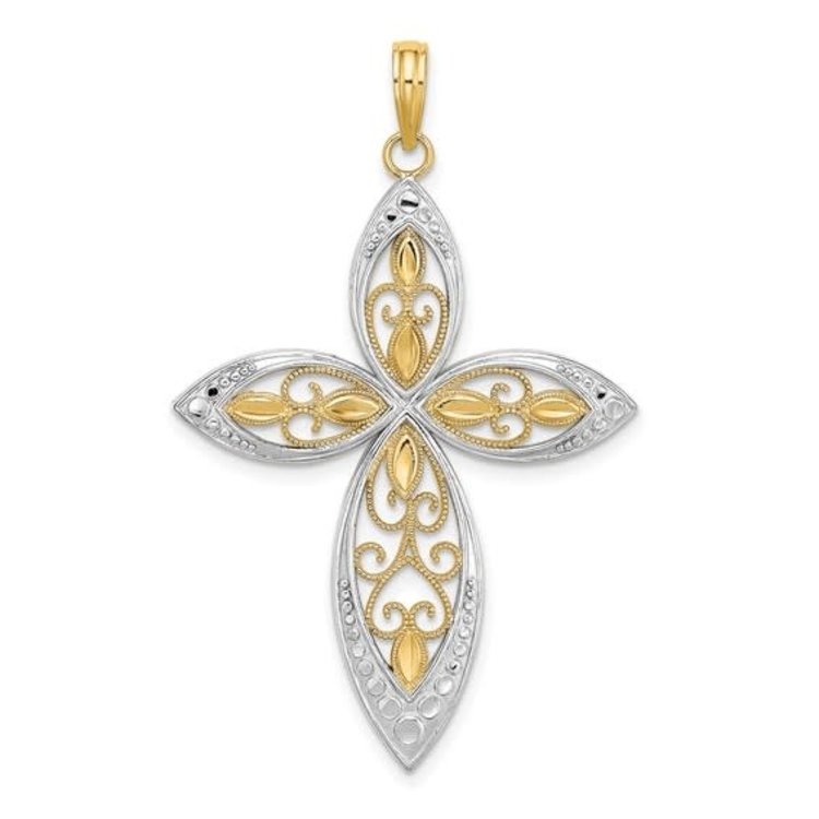 77201 14K TWO TONE BEADED FILIGREE DIAMOND CUT CROSS