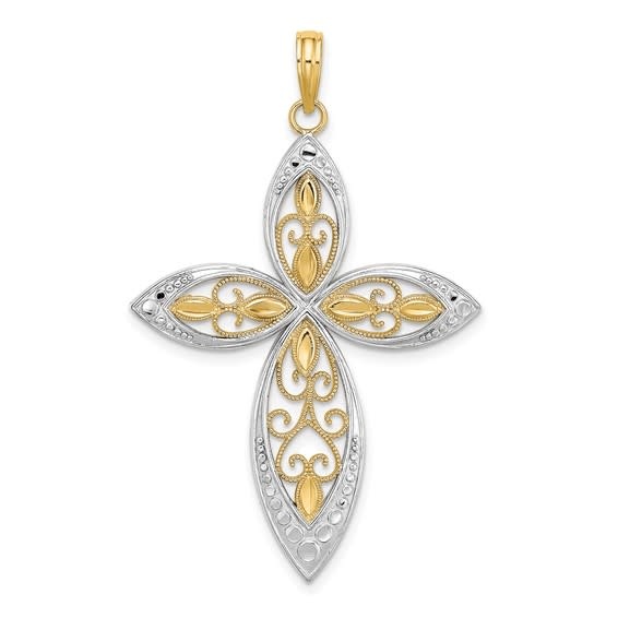 77201 14K 2 TONE BEADED FILIGREE DIAMOND CUT CROSS